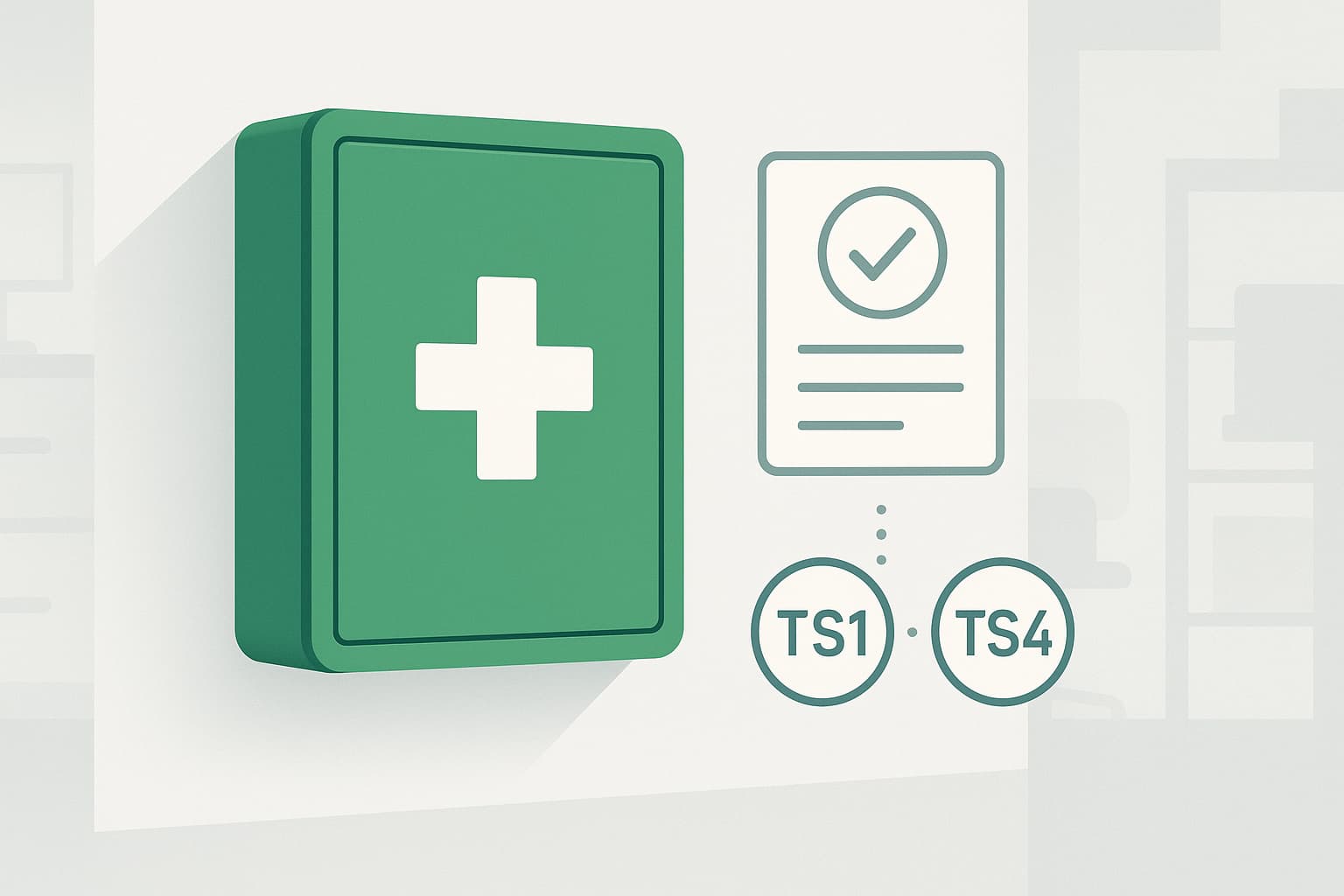 Ilustracija TS1 i TS4 kompleta prve pomoći prema Pravilniku o bezbednosti na radnom mestu